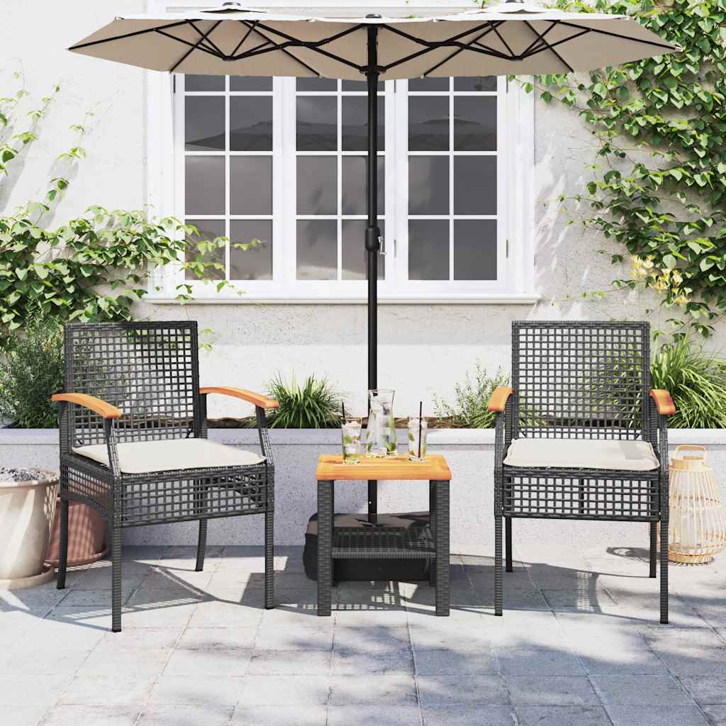 Patio Chairs with Cushions 2 pcs Black Poly Rattan Acacia Wood