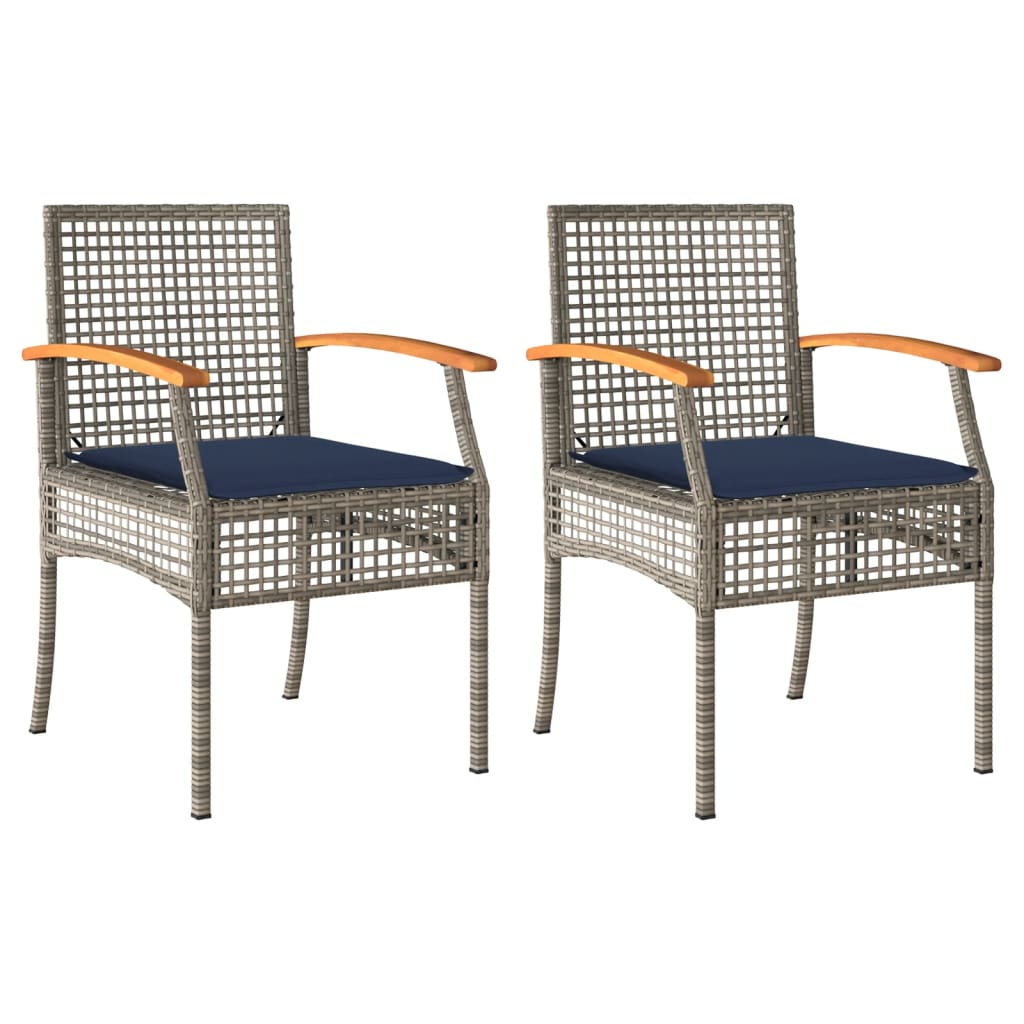 Patio Chairs with Cushions 2 pcs Gray Poly Rattan Acacia Wood
