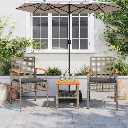 3 Piece Bistro Set with Cushions Gray Poly Rattan Acacia Wood