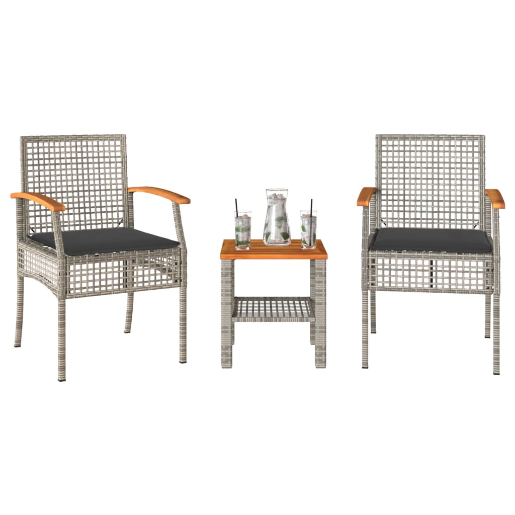 3 Piece Bistro Set with Cushions Gray Poly Rattan Acacia Wood