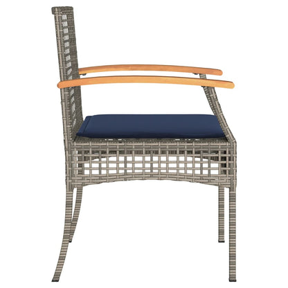 3 Piece Bistro Set with Cushions Gray Poly Rattan Acacia Wood