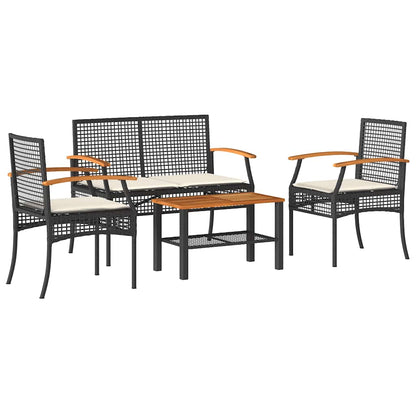 4 Piece Patio Lounge Set with Cushions Black Poly Rattan