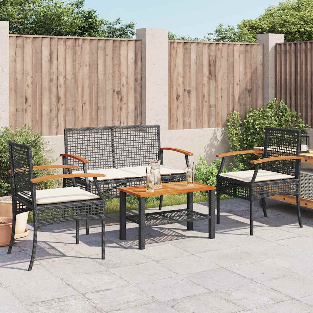 4 Piece Patio Lounge Set with Cushions Black Poly Rattan