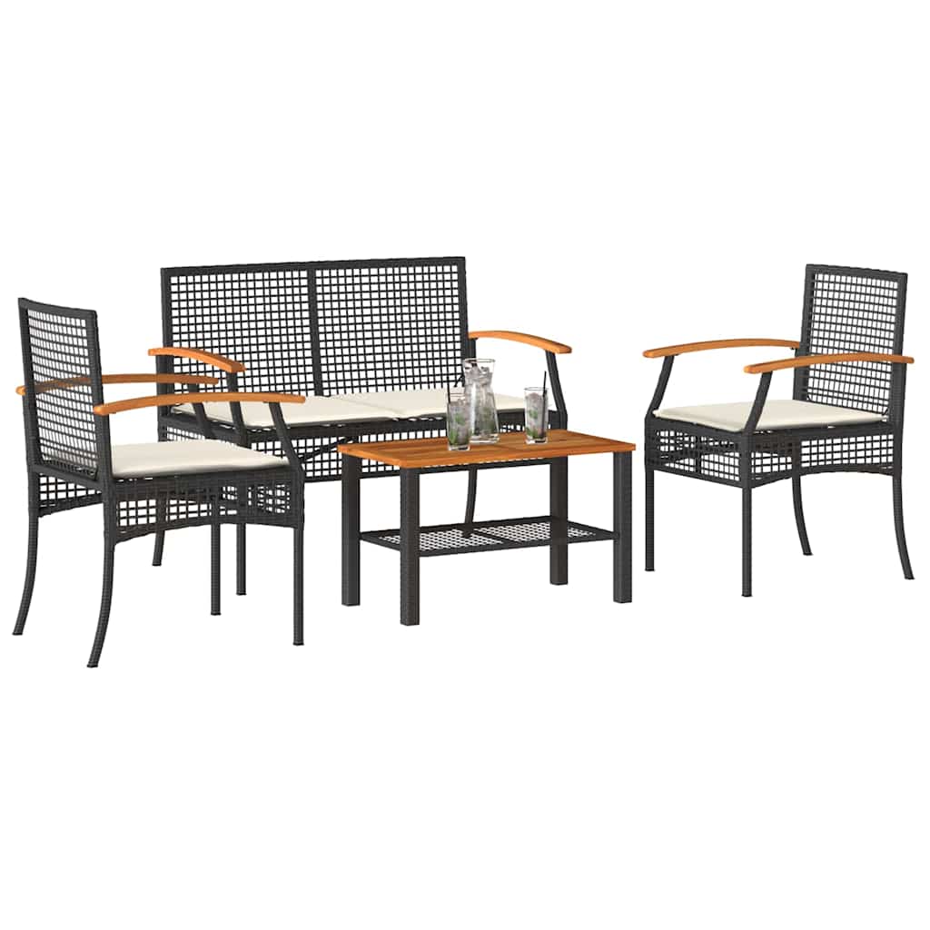 4 Piece Patio Lounge Set with Cushions Black Poly Rattan