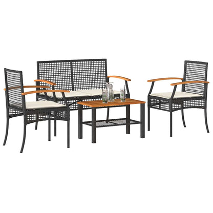 4 Piece Patio Lounge Set with Cushions Black Poly Rattan