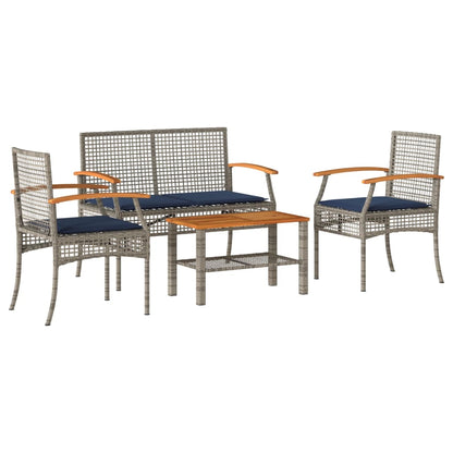 4 Piece Patio Lounge Set with Cushions Gray Poly Rattan