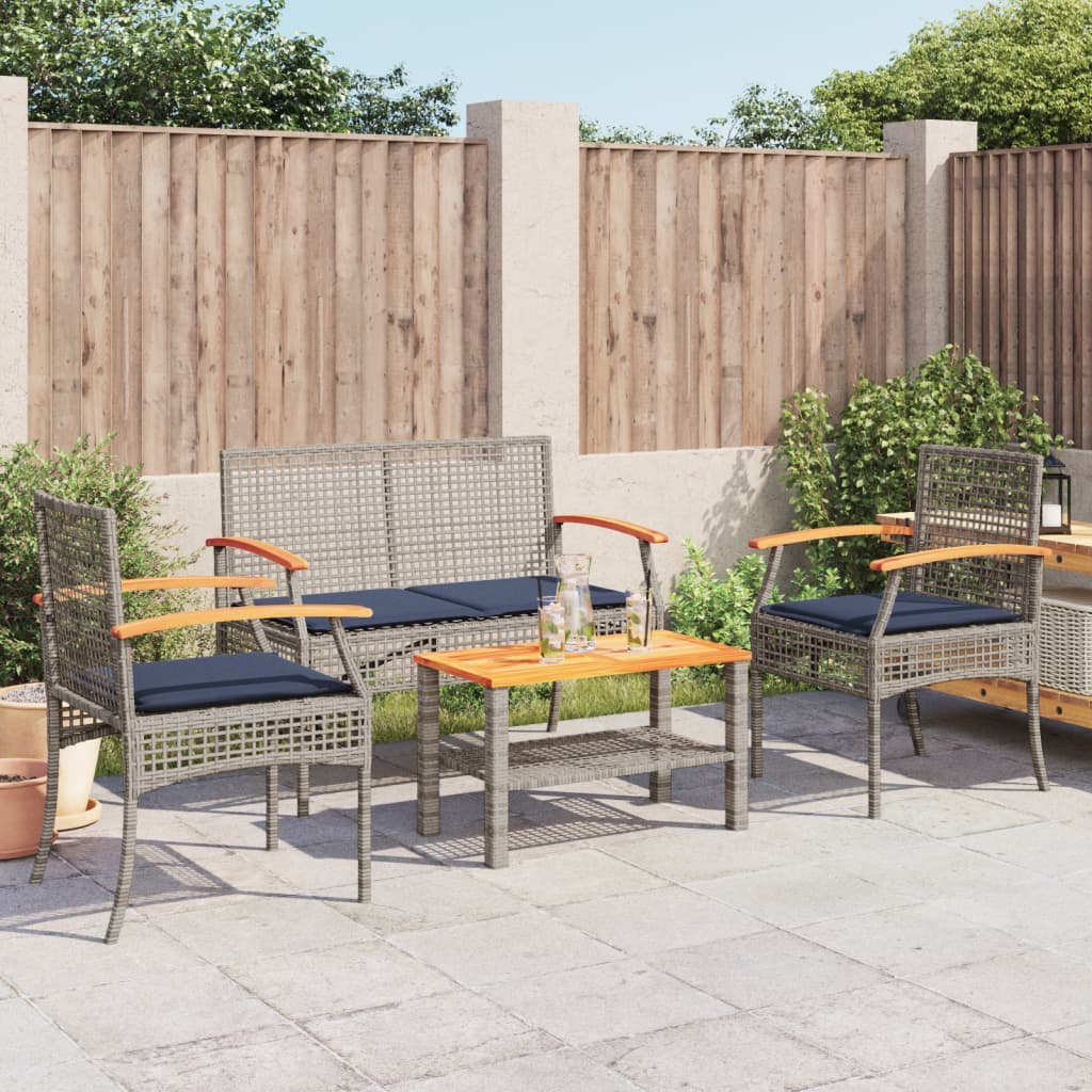 4 Piece Patio Lounge Set with Cushions Gray Poly Rattan