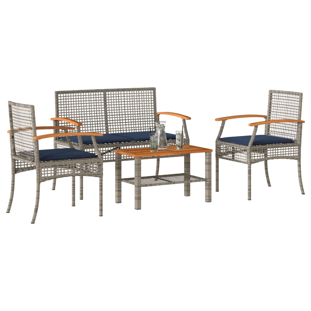 4 Piece Patio Lounge Set with Cushions Gray Poly Rattan