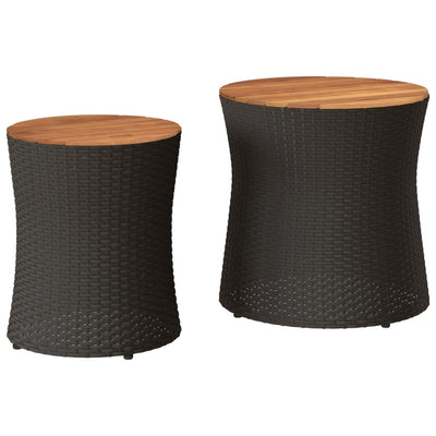 Patio Side Tables 2 pcs with Wooden Top Black Poly Rattan