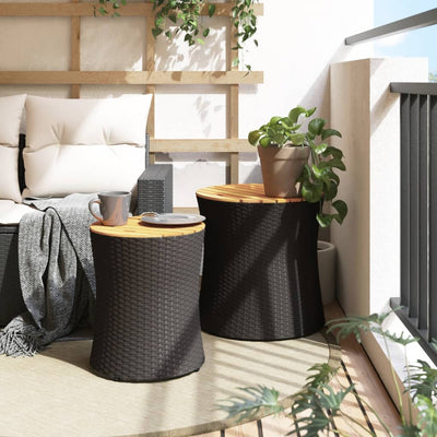 Patio Side Tables 2 pcs with Wooden Top Black Poly Rattan