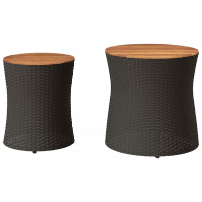 Patio Side Tables 2 pcs with Wooden Top Black Poly Rattan