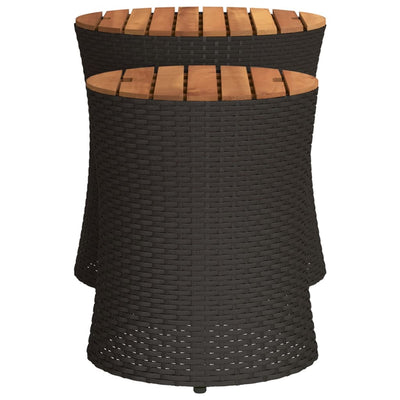Patio Side Tables 2 pcs with Wooden Top Black Poly Rattan