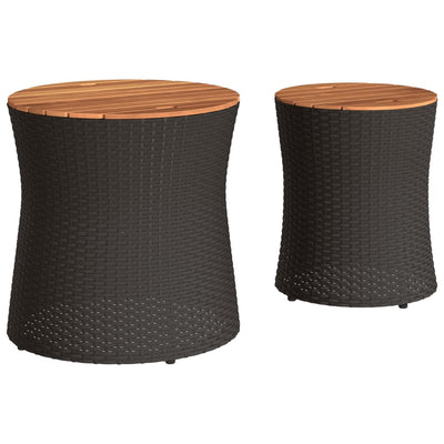 Patio Side Tables 2 pcs with Wooden Top Black Poly Rattan