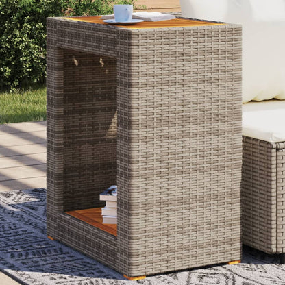 Patio Side Table with Wooden Top Gray 23.6"x15.7"x29.5" Poly Rattan