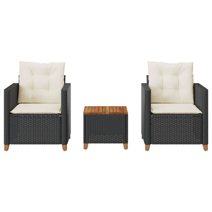 3 Piece Bistro Set with Cushions Black Poly Rattan Acacia Wood