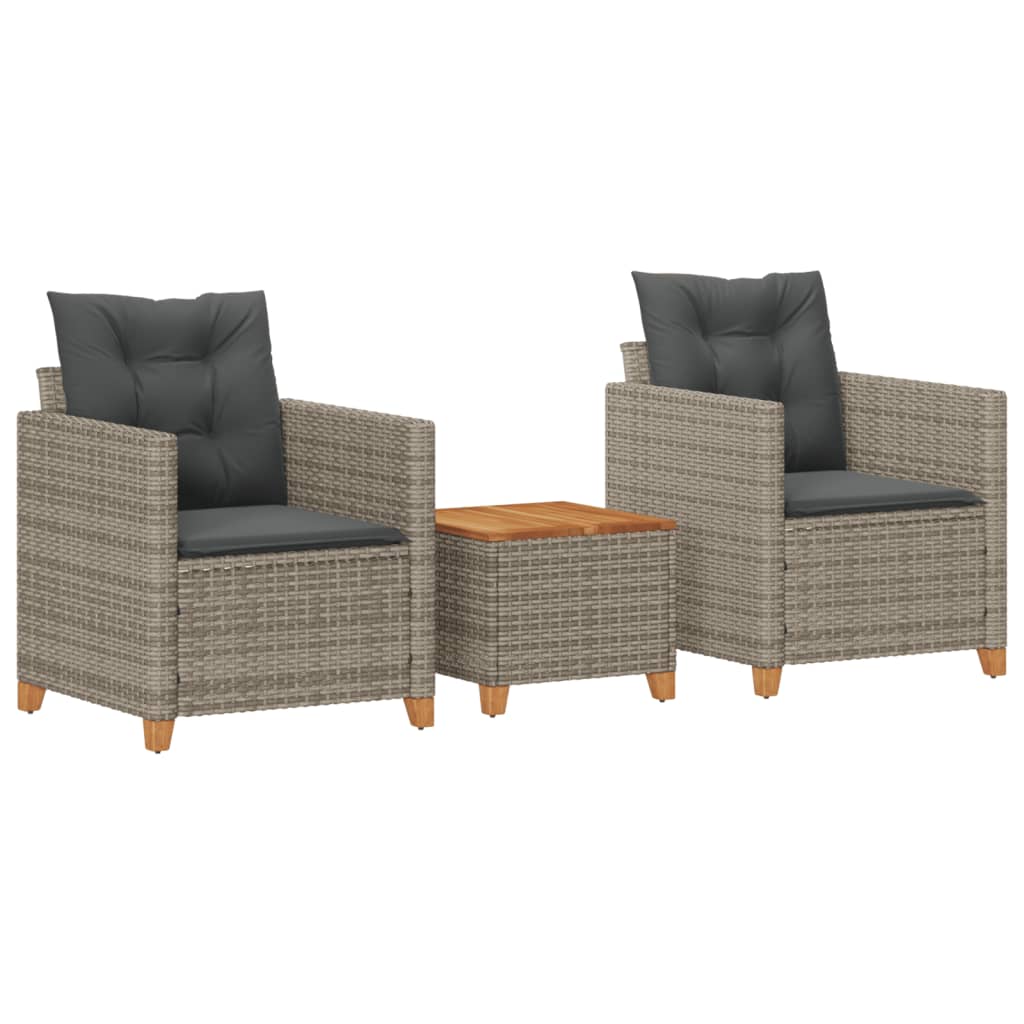3 Piece Bistro Set with Cushions Gray Poly Rattan Acacia Wood