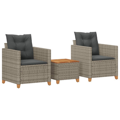3 Piece Bistro Set with Cushions Gray Poly Rattan Acacia Wood