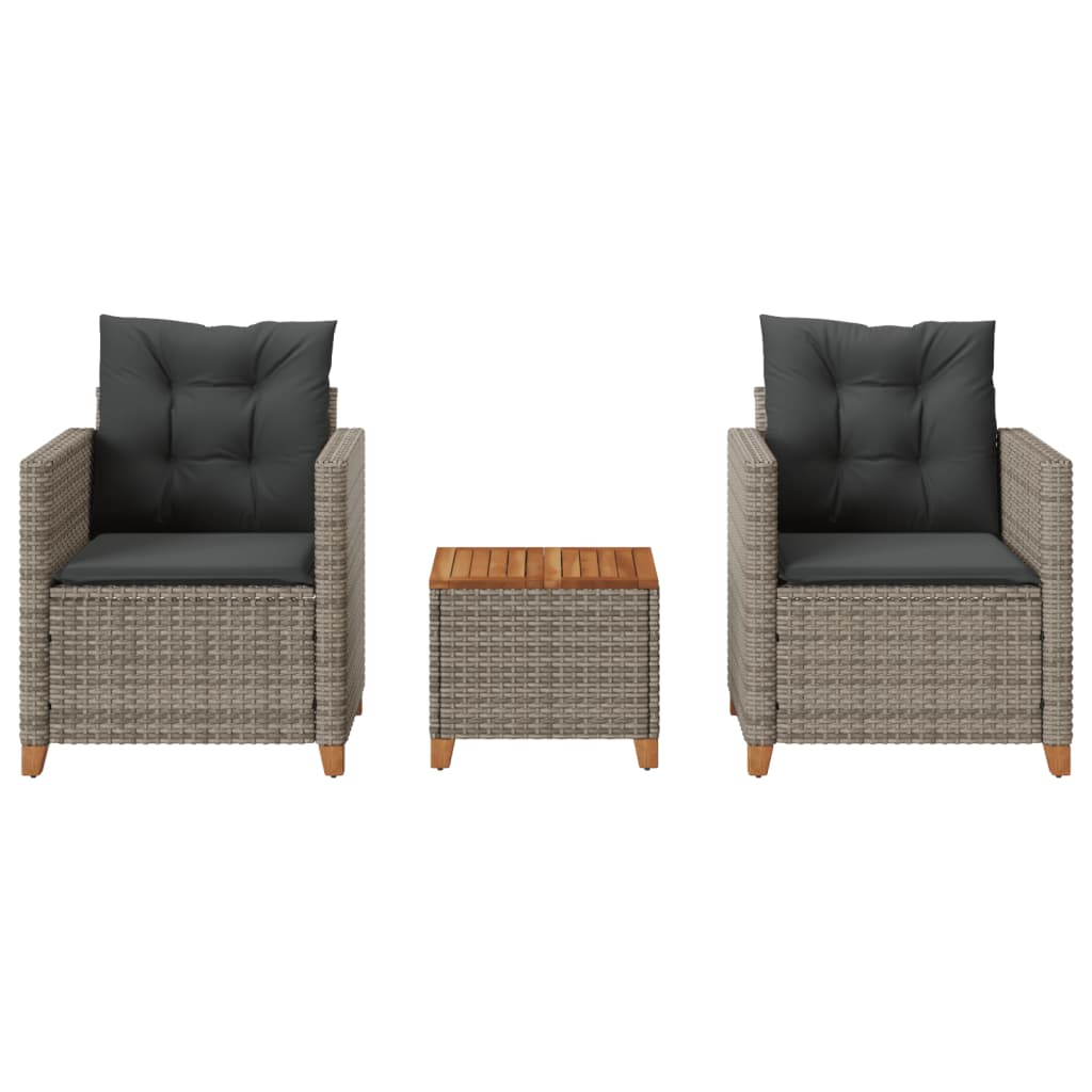 3 Piece Bistro Set with Cushions Gray Poly Rattan Acacia Wood
