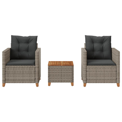 3 Piece Bistro Set with Cushions Gray Poly Rattan Acacia Wood