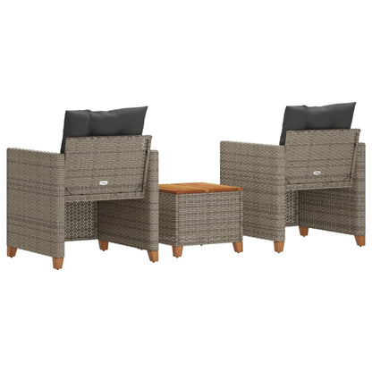 3 Piece Bistro Set with Cushions Gray Poly Rattan Acacia Wood