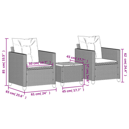 3 Piece Bistro Set with Cushions Gray Poly Rattan Acacia Wood