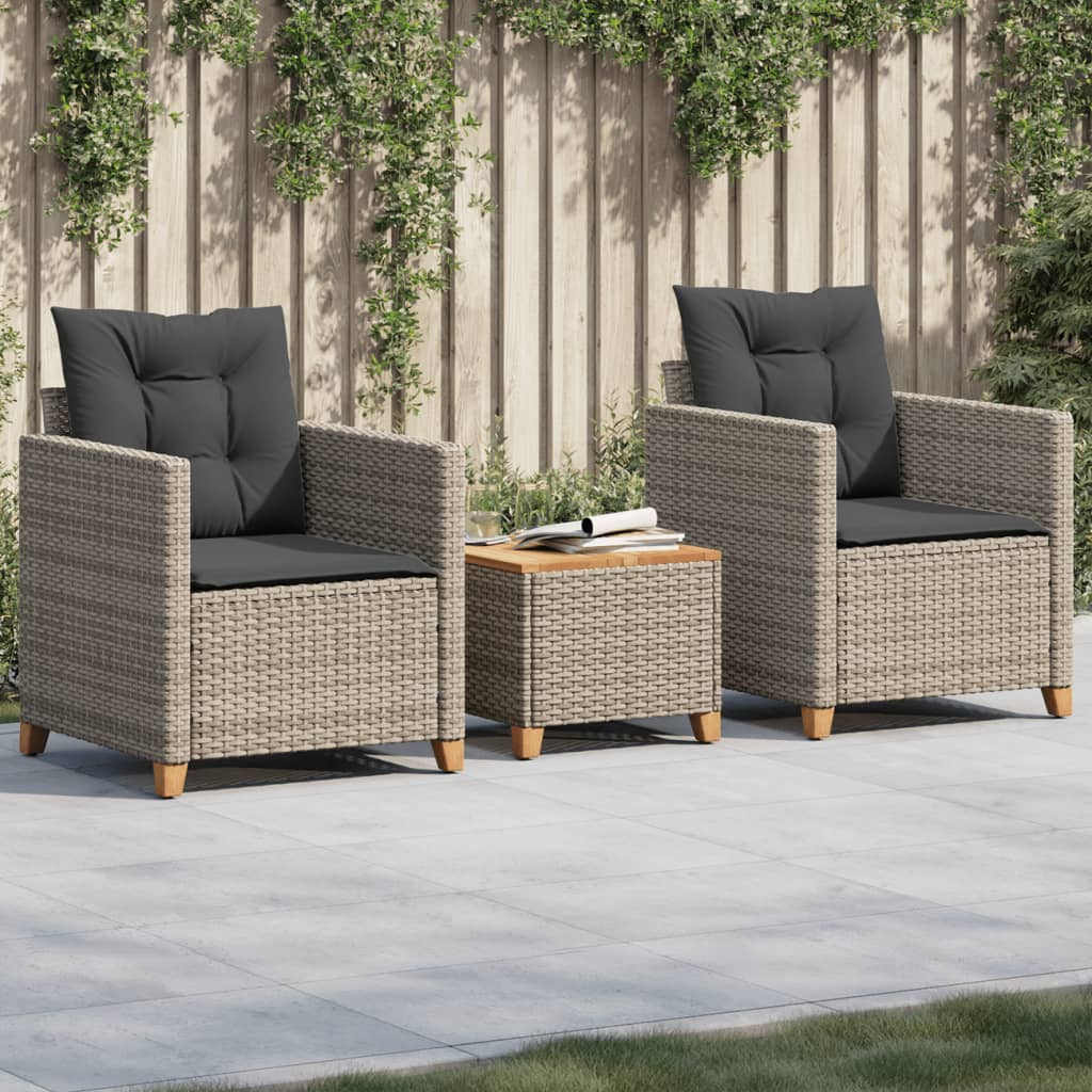 3 Piece Bistro Set with Cushions Gray Poly Rattan Acacia Wood
