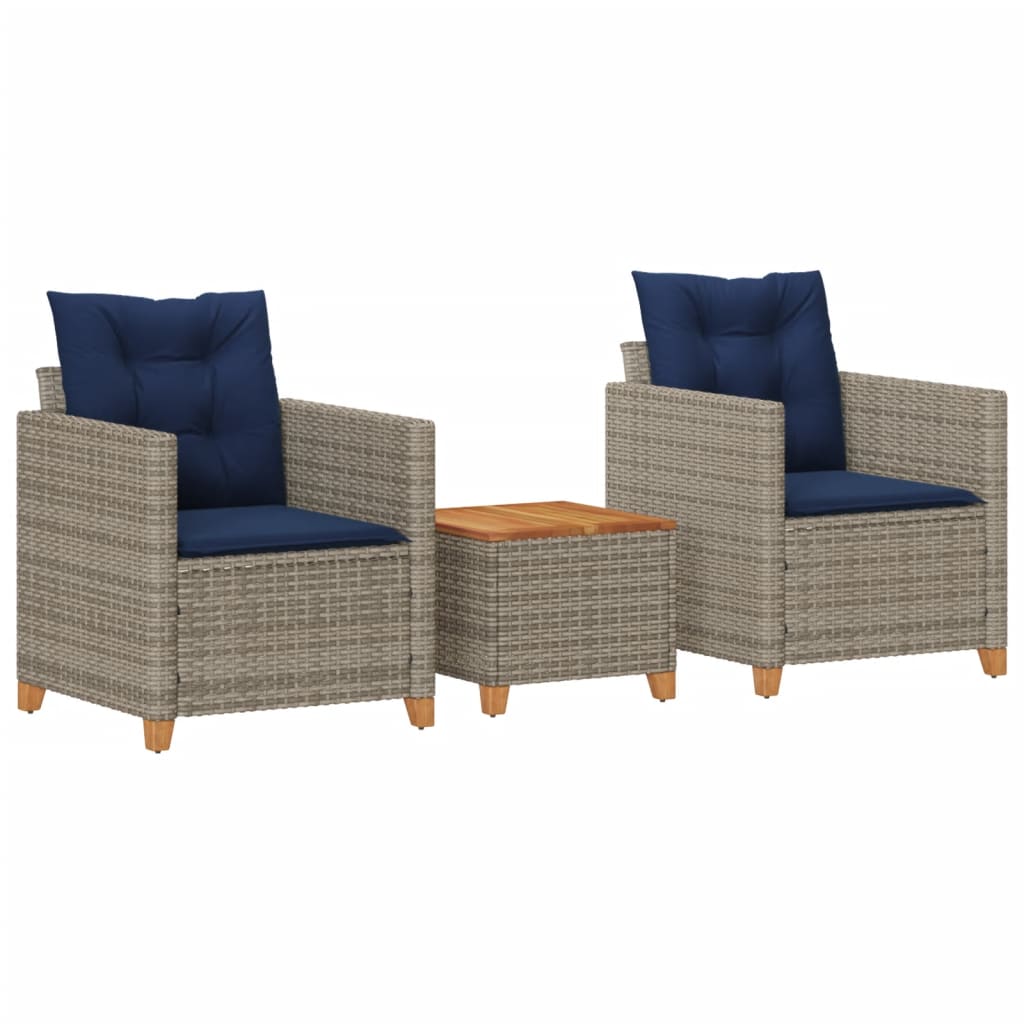 3 Piece Bistro Set with Cushions Gray Poly Rattan Acacia Wood