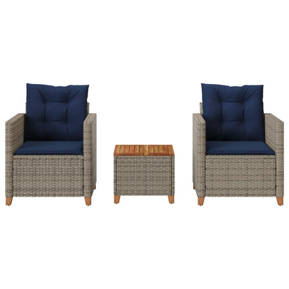 3 Piece Bistro Set with Cushions Gray Poly Rattan Acacia Wood