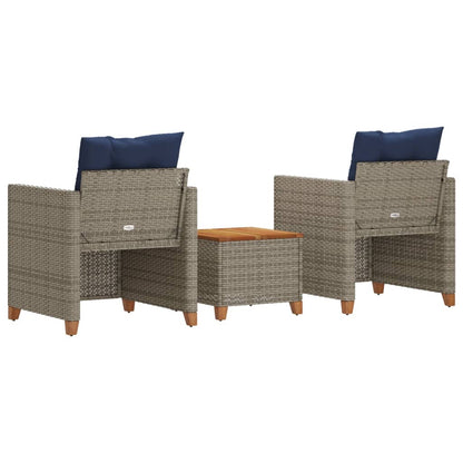 3 Piece Bistro Set with Cushions Gray Poly Rattan Acacia Wood
