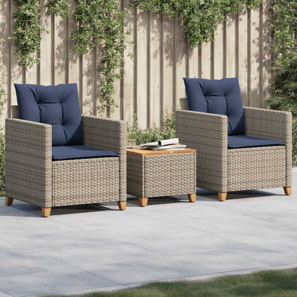3 Piece Bistro Set with Cushions Gray Poly Rattan Acacia Wood