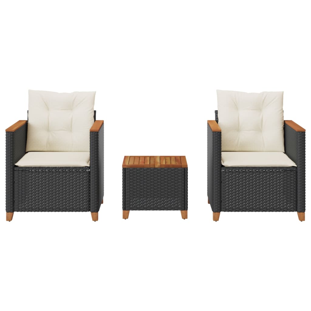3 Piece Bistro Set with Cushions Black Poly Rattan Acacia Wood
