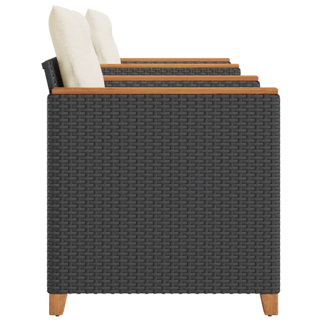 3 Piece Bistro Set with Cushions Black Poly Rattan Acacia Wood