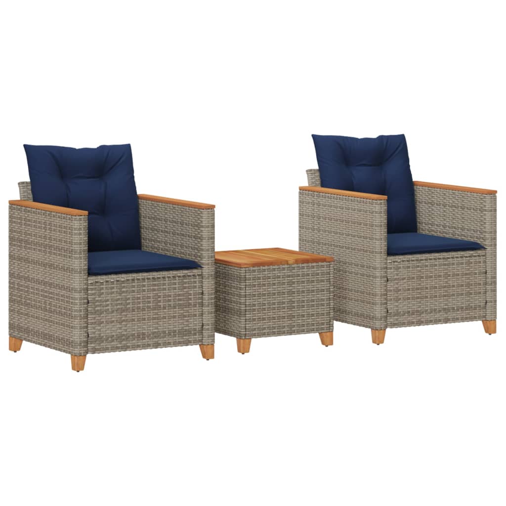 3 Piece Bistro Set with Cushions Gray Poly Rattan Acacia Wood