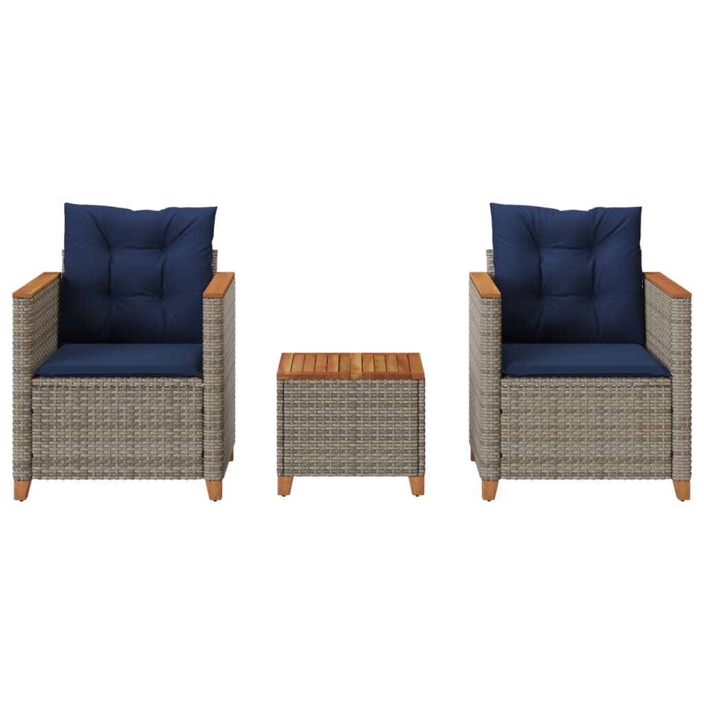 3 Piece Bistro Set with Cushions Gray Poly Rattan Acacia Wood
