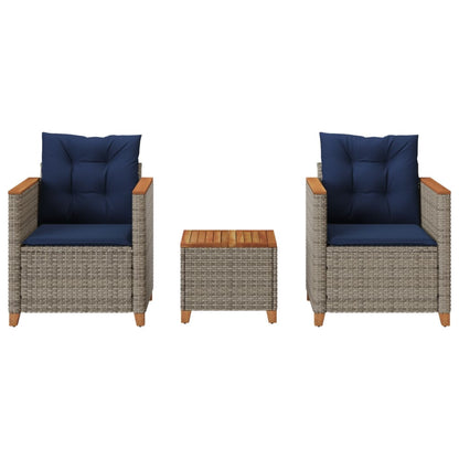 3 Piece Bistro Set with Cushions Gray Poly Rattan Acacia Wood