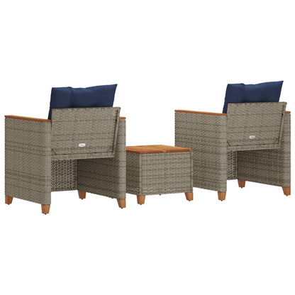 3 Piece Bistro Set with Cushions Gray Poly Rattan Acacia Wood
