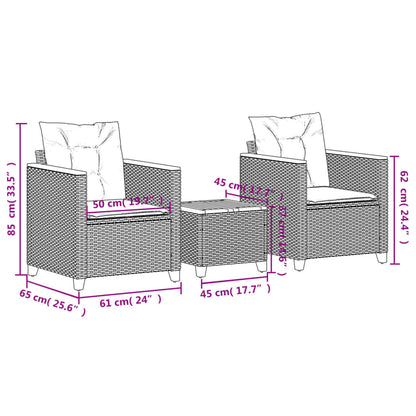 3 Piece Bistro Set with Cushions Gray Poly Rattan Acacia Wood