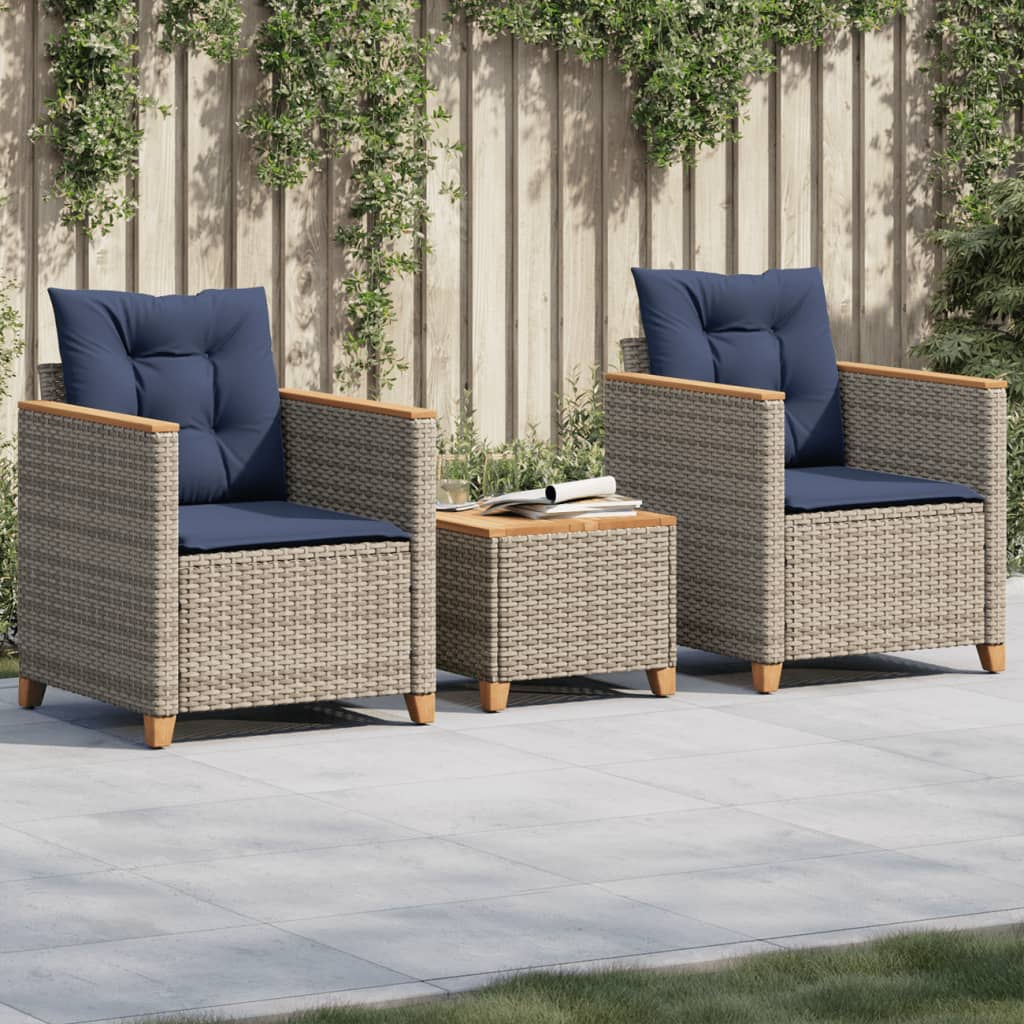 3 Piece Bistro Set with Cushions Gray Poly Rattan Acacia Wood