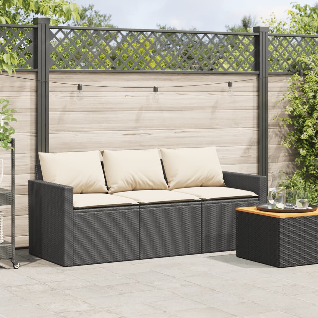 Patio Sofa with Cushions 3-Seater Black Poly Rattan