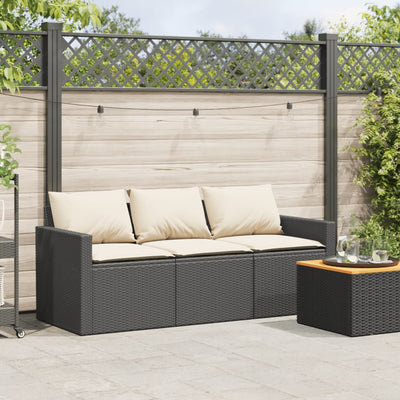 Patio Sofa with Cushions 3-Seater Black Poly Rattan