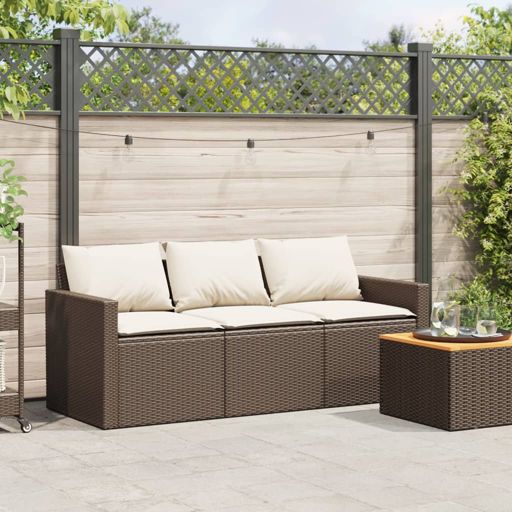 Patio Sofa with Cushions 3-Seater Brown Poly Rattan