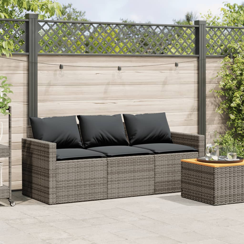 Patio Sofa with Cushions 3-Seater Gray Poly Rattan