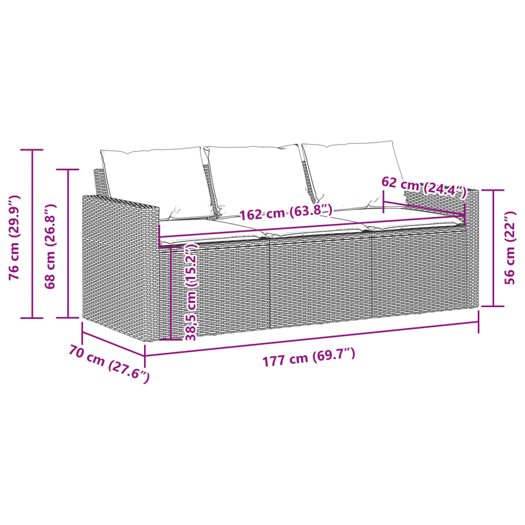 Patio Sofa with Cushions 3-Seater Gray Poly Rattan