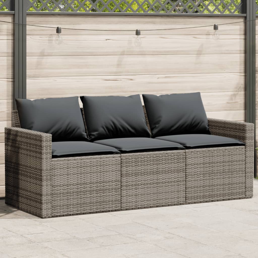 Patio Sofa with Cushions 3-Seater Gray Poly Rattan