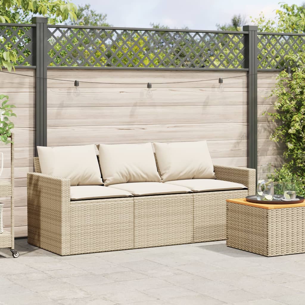 Patio Sofa with Cushions 3-Seater Beige Poly Rattan