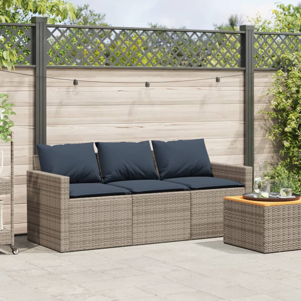 Patio Sofa with Cushions 3-Seater Gray Poly Rattan