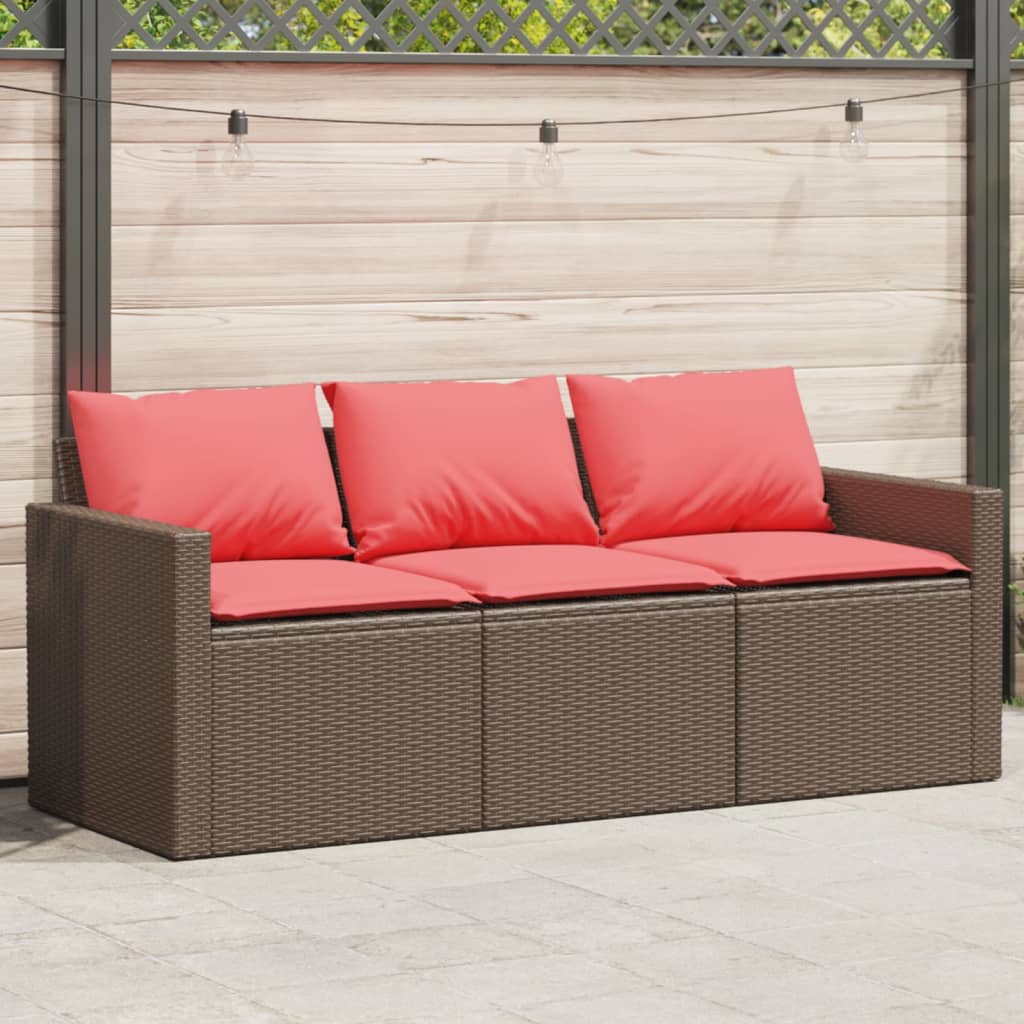 Patio Sofa with Cushions 3-Seater Brown Poly Rattan