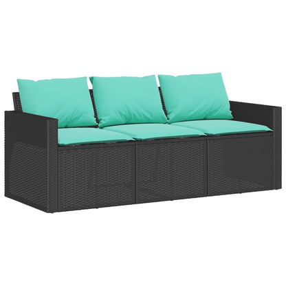 Patio Sofa with Cushions 3-Seater Black Poly Rattan