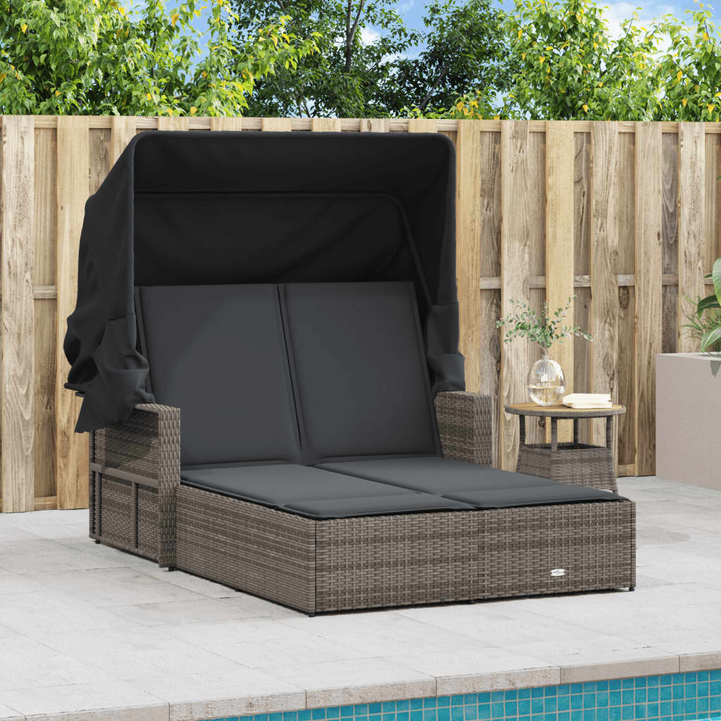 Double Sun Lounger with Canopy and Cushions Gray Poly Rattan
