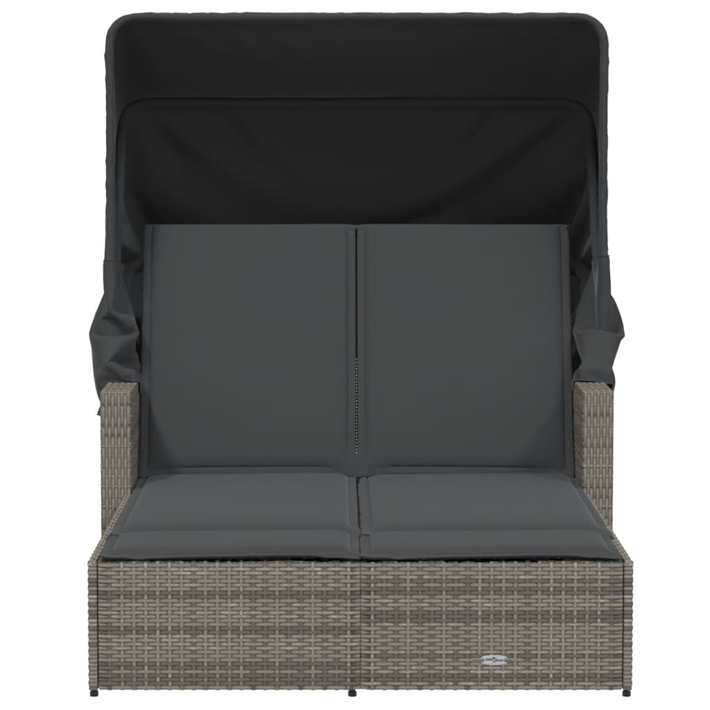 Double Sun Lounger with Canopy and Cushions Gray Poly Rattan